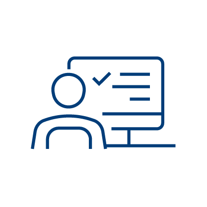 Simple line drawing of a person sitting in front of a computer monitor displaying a checkmark and text lines, symbolizing online learning or completing tasks digitally, such as using Medicare Revenue Cycle Management Software.