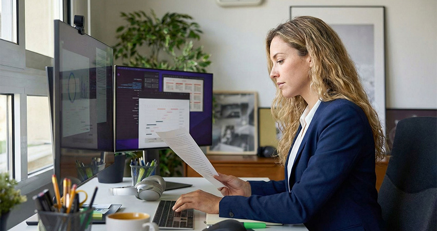 A woman in business attire sits at a desk with two monitors, reading a document. The monitors display charts and graphs. There are plants and framed pictures in the background, giving the office a modern feel.