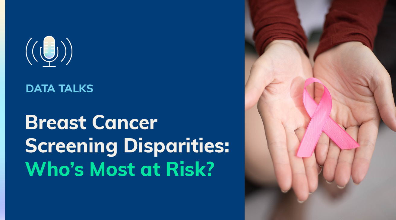 two hands with a pink breast cancer ribbon, with copy "Breast Cancer screening disparities: who's most at risk?"