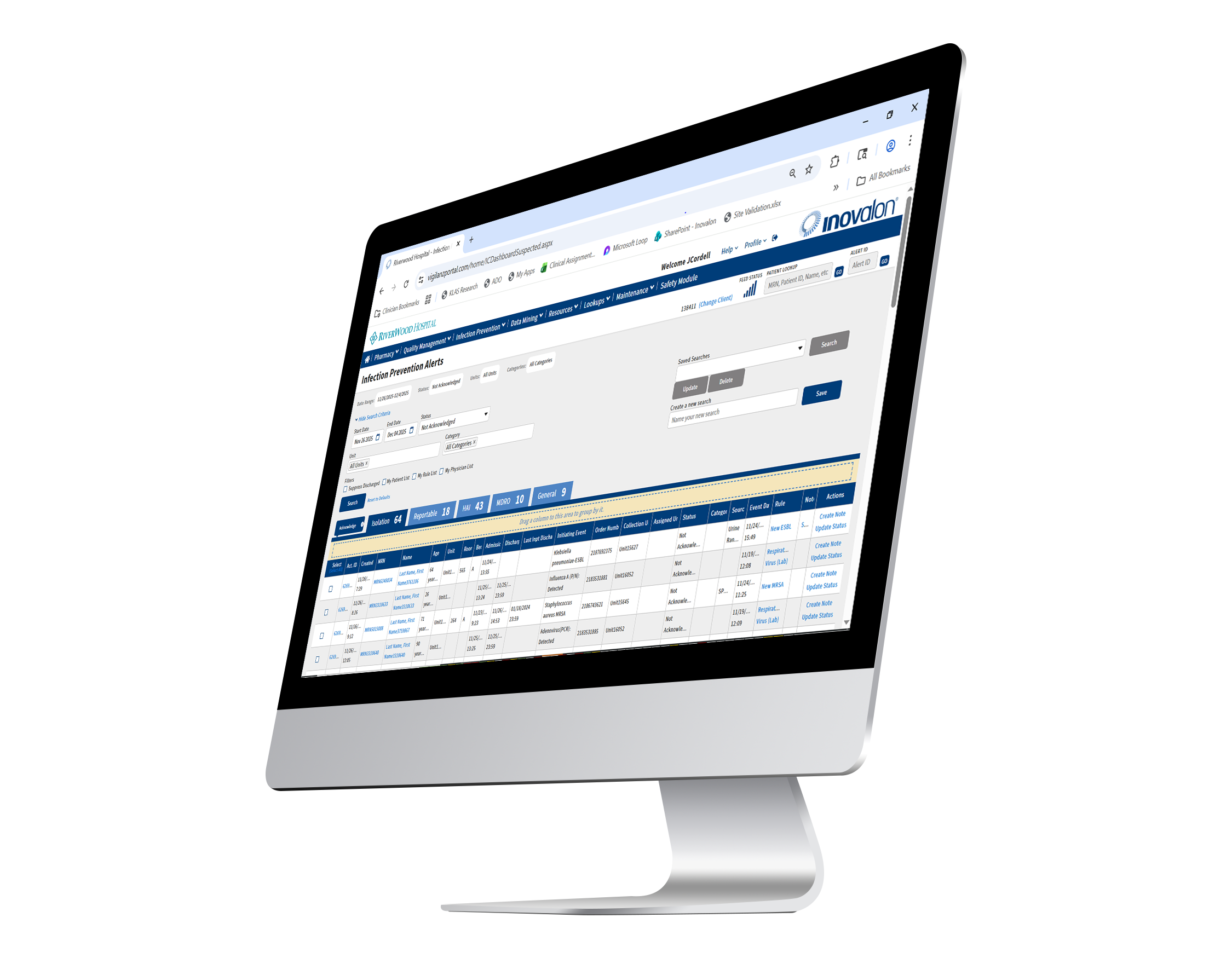Desktop with view of Inovalon's Infection Prevention software's dashboard and alerts