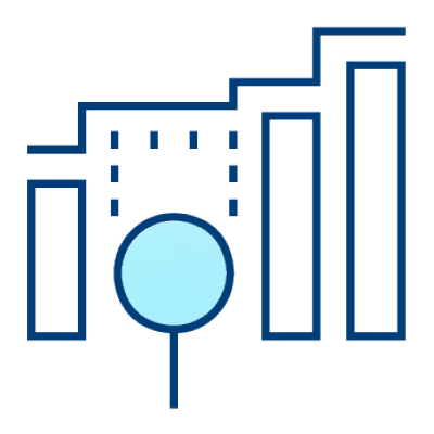 A blue outlined bar chart with four bars, a light blue circle in front, and dashed lines above.