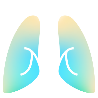 Stylized illustration of human lungs outlined in white, filled with a soft gradient of blue, green, and yellow, on a light gray background.
