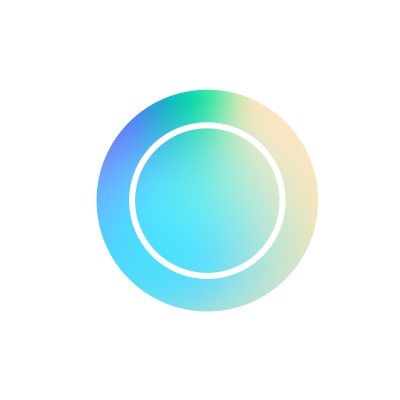 A colorful gradient plate is centered between a simple white fork on the left and a knife on the right, all on a light gray background.