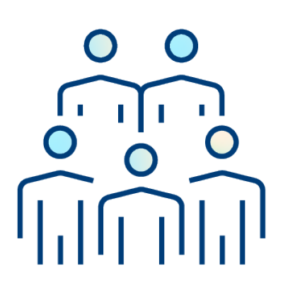 Simple line drawing of five faceless human figures standing in two rows, with three in the front and two in the back, on a light background.