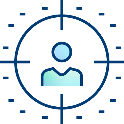 Icon of a person inside a blue target or crosshair symbol, with dotted lines around, on a light gray background.
