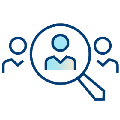 Icon of three simple human figures, with a magnifying glass highlighting the center figure, representing concepts like recruitment, selection, or searching for a person.
