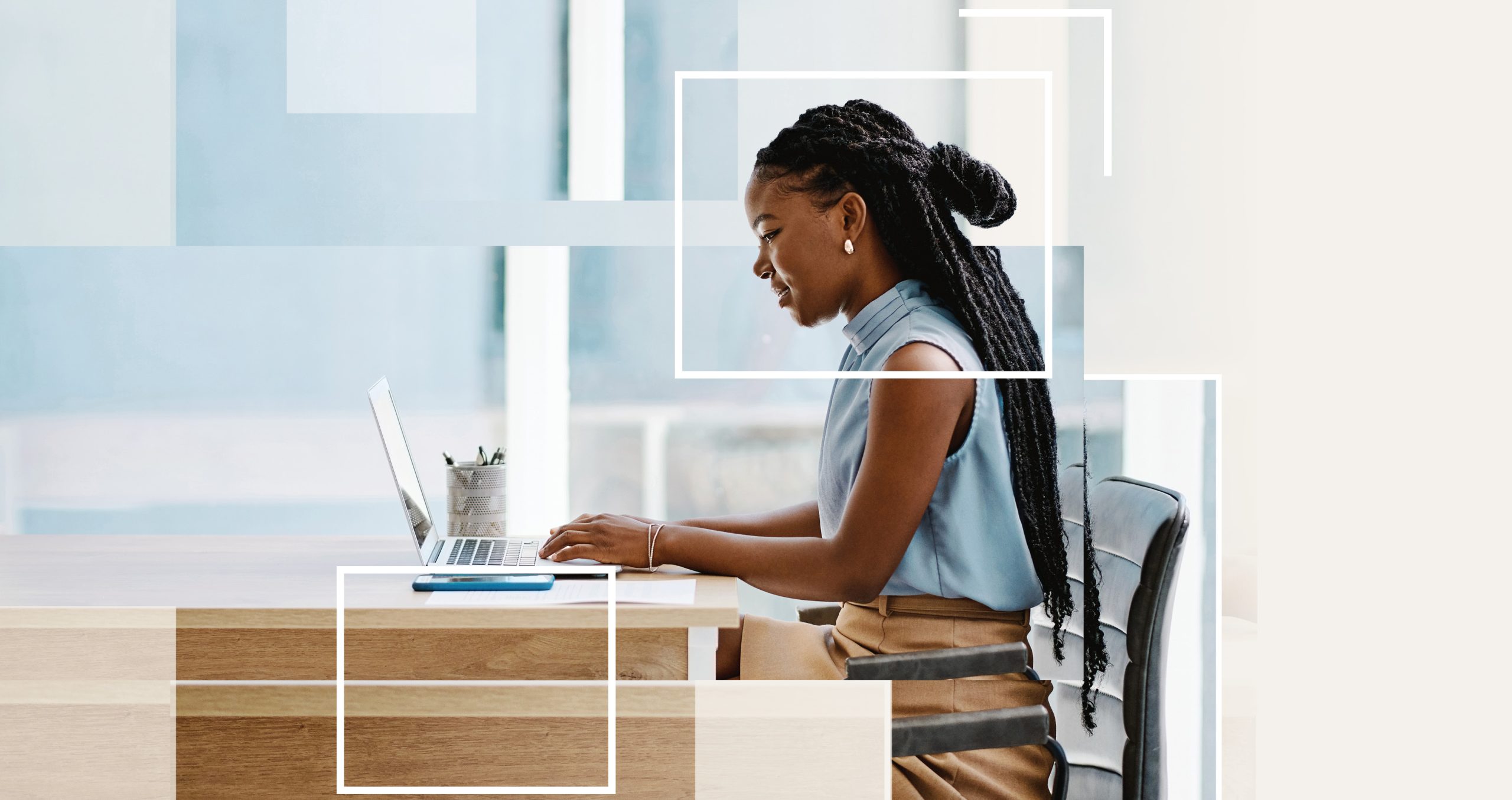 A woman with long braids sits at a desk, typing on a laptop. She is focused on her work, possibly researching care gap programs, with a pen holder and notebook nearby. Abstract white rectangles overlay the modern, bright office setting.