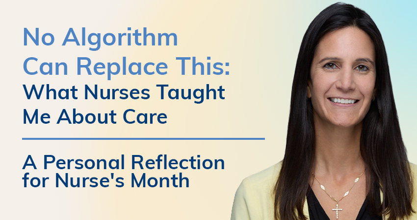 A woman with long dark hair smiles beside text about nurses care and a personal reflection for Nurses Month, highlighting the vital role of nursing workforce management. The background is a light blue and beige gradient.