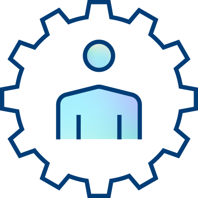 Outline of a person inside a gear, symbolizing user settings, customization, or user management—perfect for MVP Health Care applications. The design uses blue lines and a gradient fill on a light background.