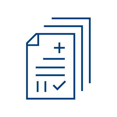 Three outlined document icons in blue, with one in front that has a plus sign, horizontal lines, and a check mark, all on a light gray background.