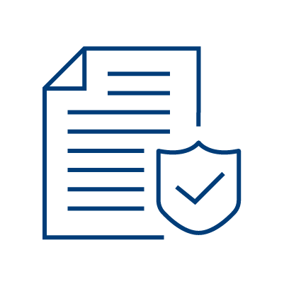 A simple icon of a document with lines of text and a shield featuring a check mark, representing data security or document protection.