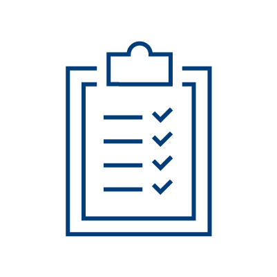Blue outline of a clipboard with a checklist, featuring four horizontal lines each with a checkmark beside them, on a light gray background.