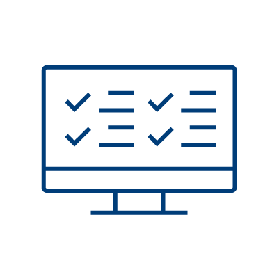 A blue outline of a computer monitor displaying several check marks and horizontal lines, representing completed tasks or items on a checklist, on a light gray background.