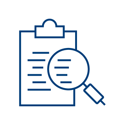 A blue outline of a clipboard with paper and a magnifying glass hovering over it, symbolizing review or analysis, on a light background.