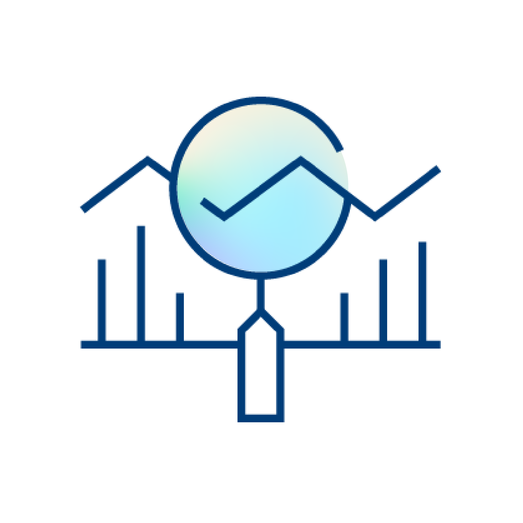 Magnifying glass focusing over trend metrics and data lines icon