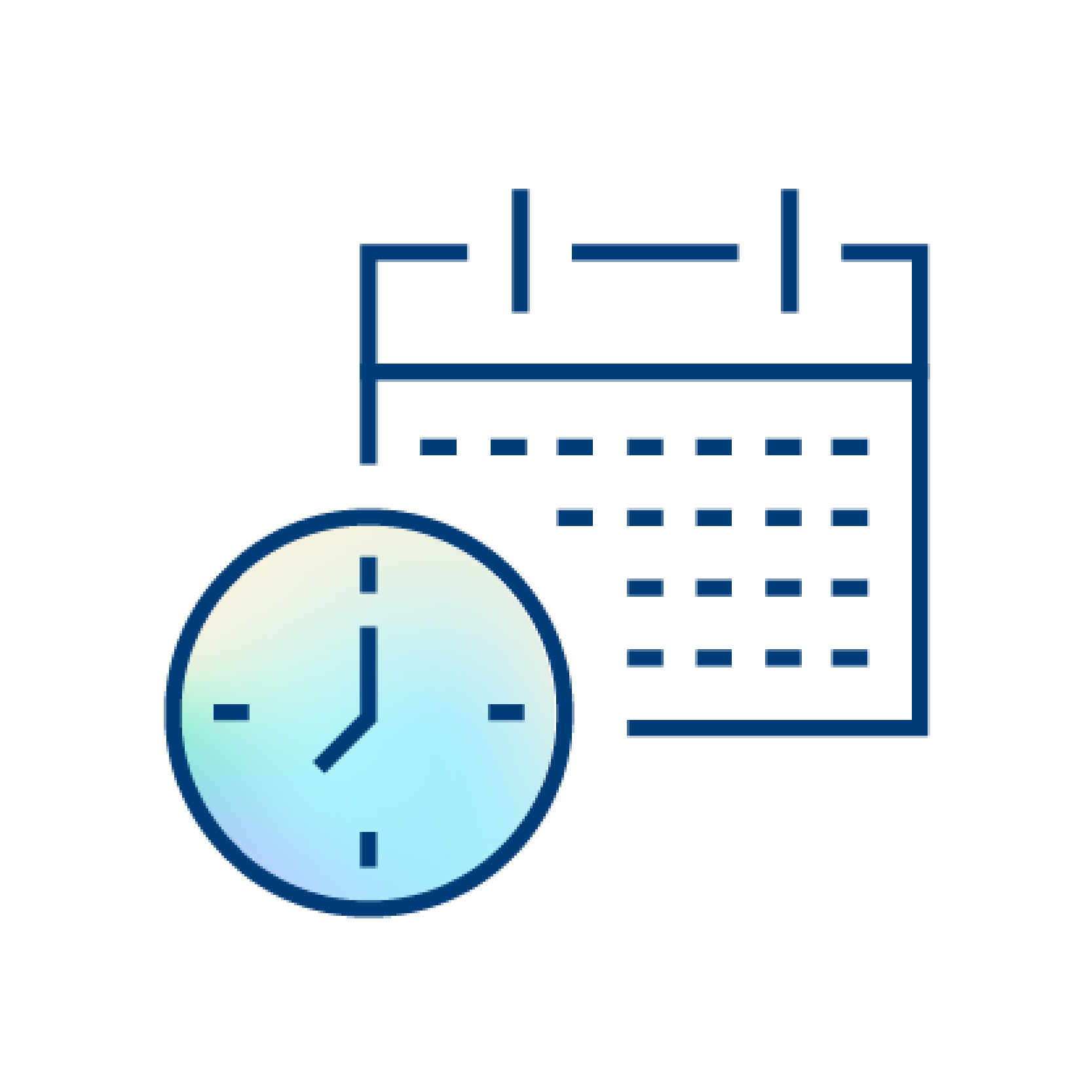 Calendar matrix combined with a clock face tracking milestone execution timelines icon
