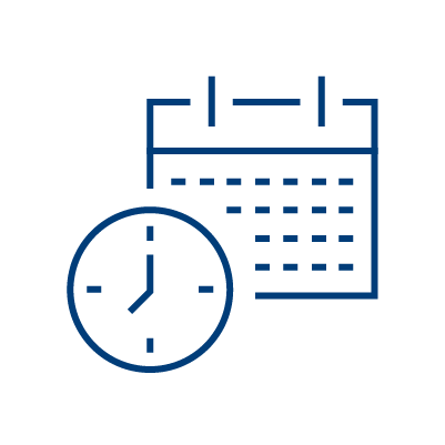 Blue line drawing of a calendar and a clock on a light gray background, symbolizing time management or scheduling.