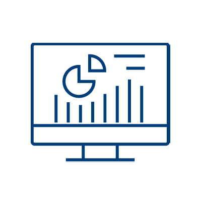 Line drawing of a computer monitor displaying a pie chart and bar graph, representing data analysis or statistics.