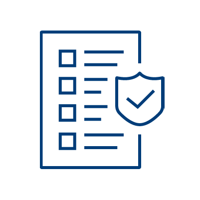 Blue outline of a checklist with five items and checkboxes, next to a shield icon featuring a check mark, symbolizing security or verified tasks on a white background.