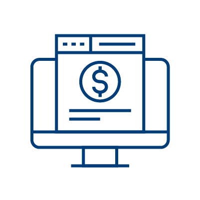 Line drawing of a computer monitor displaying a web page with a dollar sign in the center, representing online payment or financial transactions.
