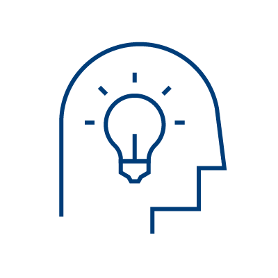 A simple blue outline of a human head in profile with a light bulb inside, symbolizing an idea or inspiration. The light bulb has small lines around it to indicate it is lit.
