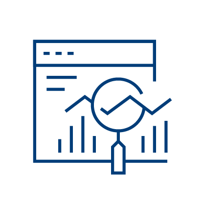 Blue line drawing of a web browser window with bar graphs and a magnifying glass highlighting a rising line graph, representing data analysis or analytics.