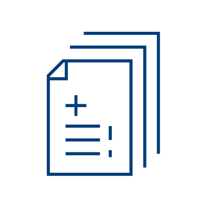 Icon of three overlapped documents. The front document has a plus sign and two lines with exclamation points, indicating addition or new information. The design is minimalist with blue lines on a light background.