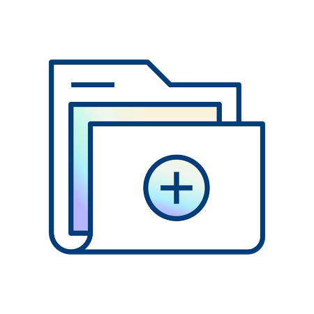 Two overlapping folder icons, one in front has a plus sign in the center, representing the concept of adding or creating a new folder.