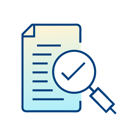 Outline of a document with lines representing text beside a magnifying glass containing a check mark, symbolizing document review, approval, or verification.