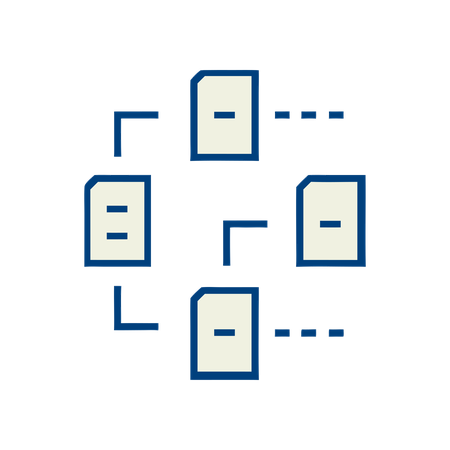 Four rectangular documents are arranged in a circle, each connected by blue lines, representing document sharing or data flow between multiple files. The background is light gray.