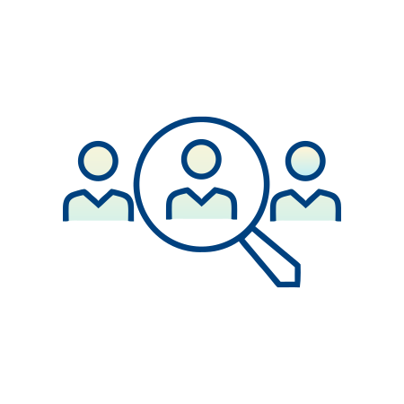 Outlined icon of three people, with a magnifying glass focusing on the center figure, symbolizing searching for or selecting a person from a group. Simple blue and green color scheme on a light background.