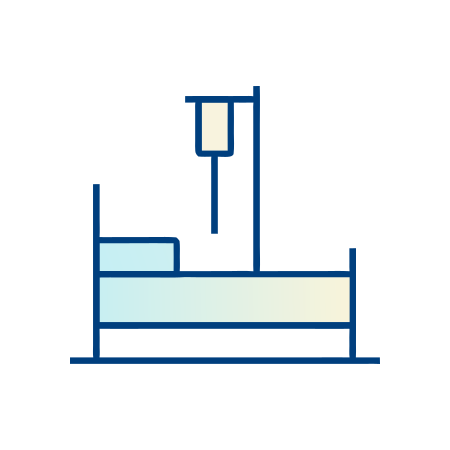 Simple line drawing of a hospital bed with a pillow and an IV drip stand next to it, all on a light background.