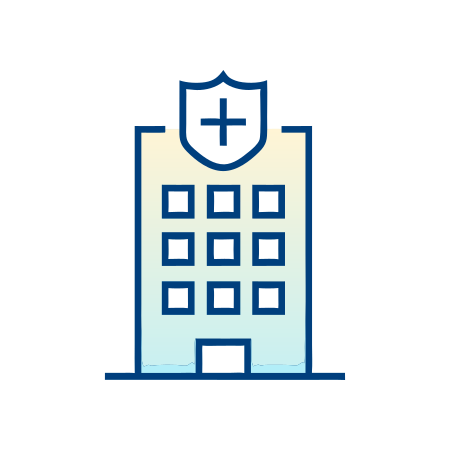 Simple illustration of a hospital building with a shield and medical cross symbol at the top, featuring multiple windows and a central entrance, on a light background.
