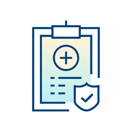 Icon of a clipboard with a medical cross and a checklist, overlaid with a shield featuring a check mark, symbolizing health insurance or medical protection.